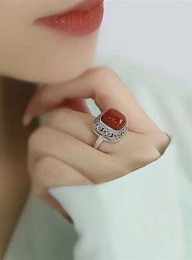 复古925银方糖南红戒指女国风B新中式玛瑙唐草纹开口可调节指环