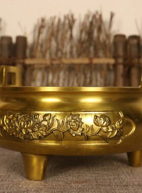 纯铜荷花香炉摆件 家用供奉客厅装饰工艺品