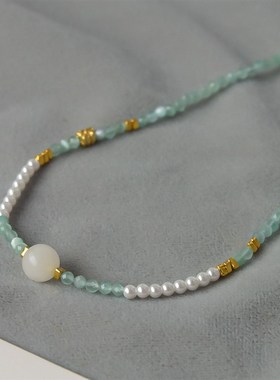 蓝色气质项链水晶石串珠链条小珍珠猫眼石吊坠小清新百搭新款项链