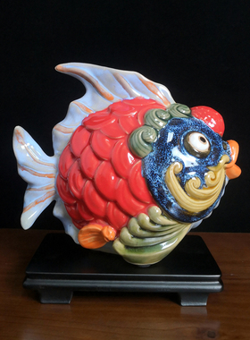 鸿运当头发财鱼石湾公仔陶瓷手工艺品喜庆客厅书桌店面摆件饰品