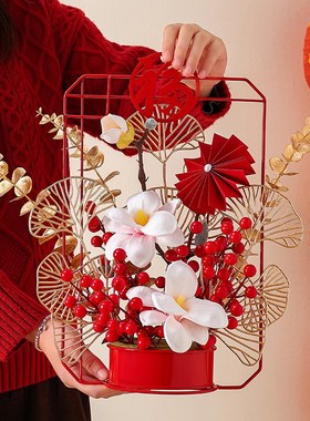 2025新年装饰摆件贺年春节发财果红果花客厅喜庆过年福桶氛围布置