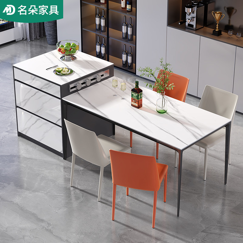 轻奢岩板岛台餐桌一体家用现代厨房多功能插座吧台茶桌餐边柜5E26 - 图0