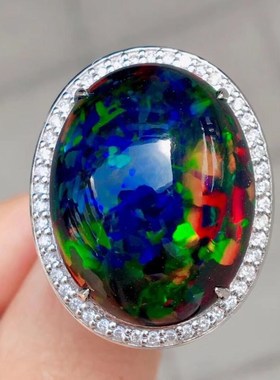 新款奢华仿天然大颗七彩欧泊澳宝戒指 镶钻时尚豪V华轻奢宴会婚戒