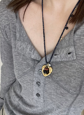 新中式复古金色爱心编织绳串珠项链女新款民族风长款毛衣链配饰潮