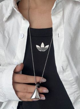 简约几何三角形吊坠长款项链女天然石圆珠毛衣链小众时尚百搭配饰