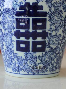 新中式仿古青花陶瓷工艺品喜字将军罐茶叶罐储物罐客厅书房装饰品
