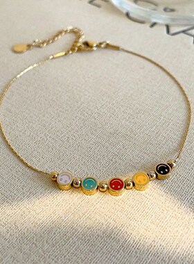 彩色笑脸钛钢手链女轻奢小众设计感18k金色精致闺蜜细.手绳不掉色