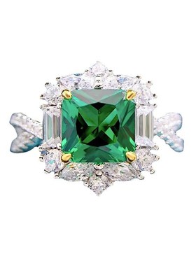 珠宝 2g023新款S925银正7*7仿真祖母绿切割豪华围镶欧美戒指