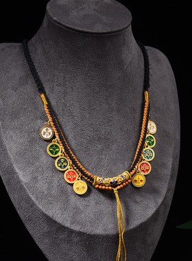 新款藏式手搓棉男女项o链绳天珠手绘唐卡五路财神编织绳复古毛衣