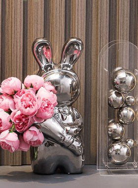 轻奢现代客厅酒柜玄关装饰品陶瓷捧花兔子花瓶插花器小众艺术摆件