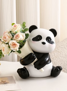 创意熊猫捧花摆件客厅电视柜床头柜玄关卧室家居装饰新居乔迁礼品