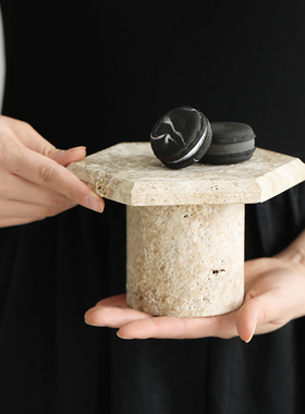 侘寂风创意黄洞石装饰摆饰复古欧式收纳托盘高脚置物盘蛋糕水果盘