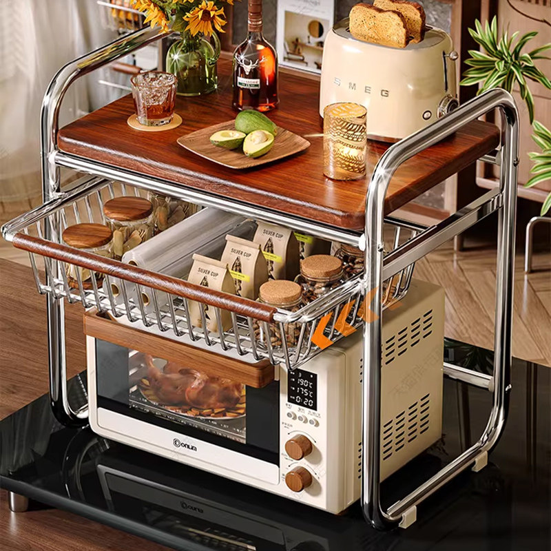 中古风微波炉置物架家用厨房双层可抽拉式多功能电饭煲烤箱收纳架,淘宝优惠券,粉丝福利购,淘宝优惠卷