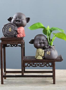 创意紫砂茶宠招财猪摆件水培花瓶器皿家居客厅博古架装饰工艺品
