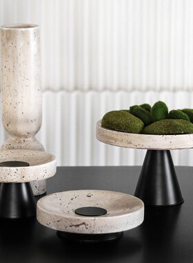 甄选轻奢脚圆形水果盘烛台组合摆件酒店民宿设计师仿黄洞石搭配饰