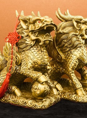 铜麒麟摆件一对纯铜踩八卦麒麟公母黄铜办公室家居客厅大小号摆件