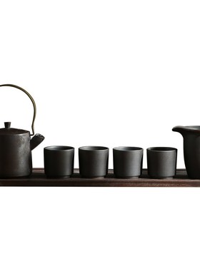 中式复古简约黑色陶瓷茶壶茶杯茶具样板房家居客厅茶几装饰工艺品