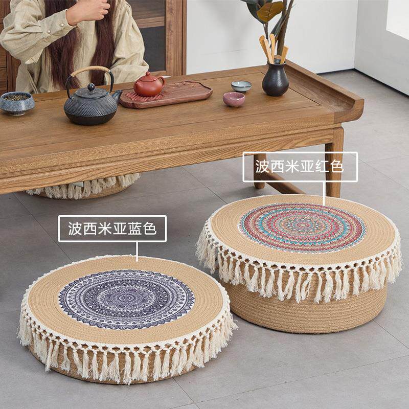 New ethnic style cotton thread tassel futon cushion round hand-woven meditation cushion Zen cushion bay window cushion c^