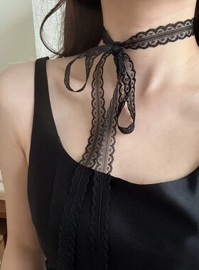 叠戴蝴蝶结白色蕾丝飘带系带项链