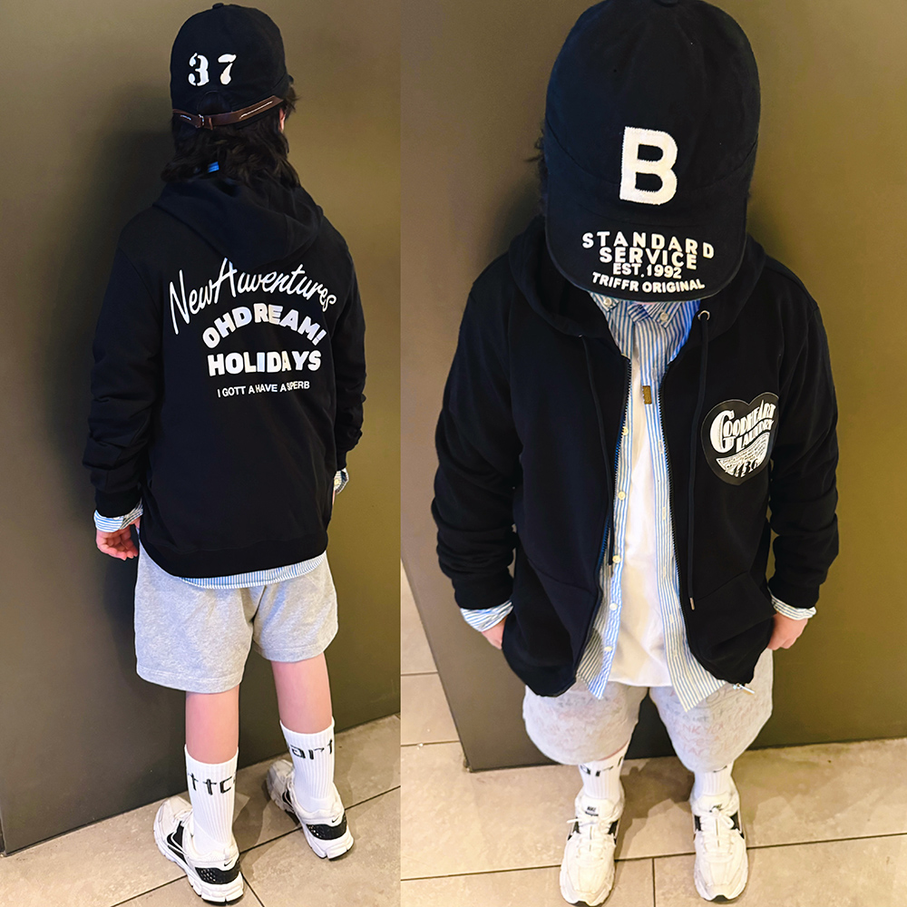 OHDREAM童装黑色爱心经典款男女童亲子毛圈帽衫拉链卫衣 - 图2