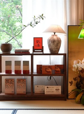 席地双层架新中式禅q意黑胡桃木实木博古架置物架展示架收纳