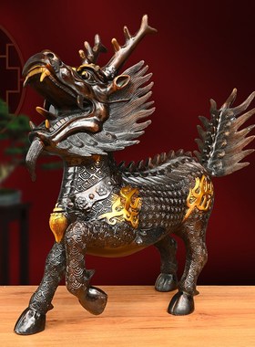 纯铜火麒麟c摆件一对财源麒麟家居办公室装饰大号祥瑞公母彩绘麒