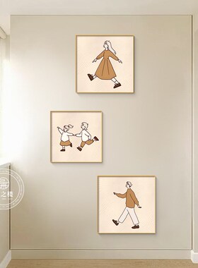 一家口沙发背景墙挂画奶油风正方形壁画一家装饰画