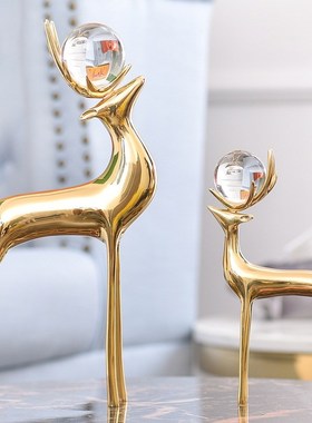 纯铜鹿摆件现代轻奢客厅电视柜酒柜水晶球鹿办R公桌书房招财装饰