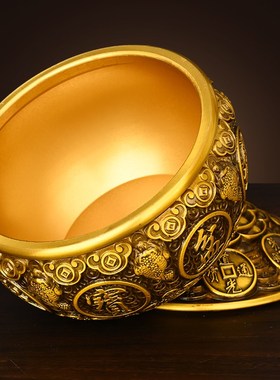 纯黄铜聚宝盆摆件带盖金蟾五福装饰客厅办公O室店铺开业送礼招米