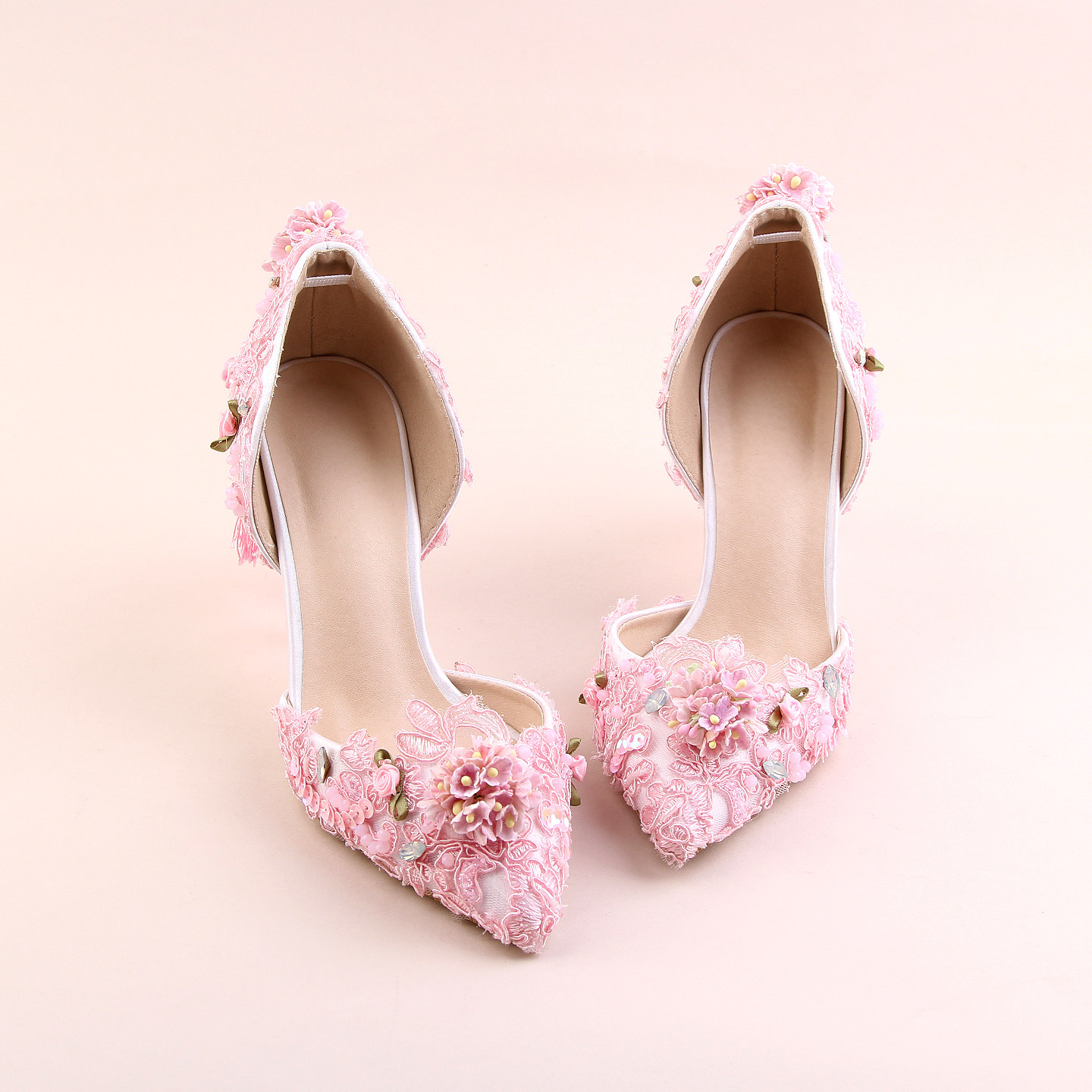 原创甜美洛丽塔粉色珠蕾丝亮片花朵流苏尖头中空细高跟女鞋新娘婚,淘宝优惠券,粉丝福利购,淘宝优惠卷