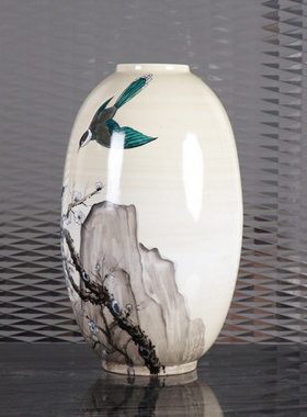 新中式创意手工彩绘山雀鸟陶瓷花瓶摆件样板房间家居餐桌花器摆设