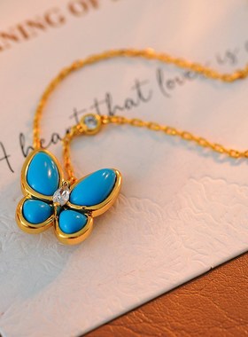 欧美时尚蓝色蝴蝶项n链耳环轻奢精工蝴蝶项链耳环女时尚精致锁骨