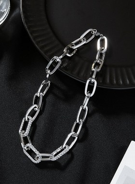欧美夸张大粗链条金属装饰项链女潮INS短款锁Q骨链闪钻拼接毛衣链