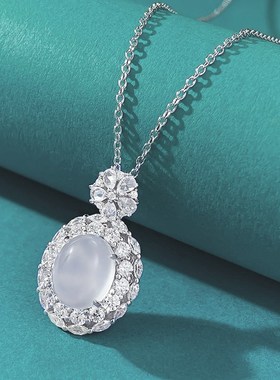 珠宝新款S925银镶嵌天然水沫玉高冰8*1P0mm蛋面玉髓吊坠百搭