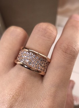 跨境货源V金镀18mK玫瑰金镶嵌满钻小蛮腰戒指宽版指环精工奢华手