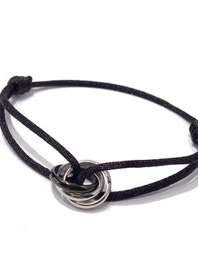 【02】本命年转运红色手绳跨境钛D钢新品银间黑三环编织可伸缩手