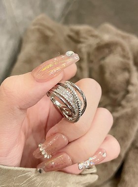 小众设计a满钻微镶网红轻奢线条气质百搭复古锆石可调节食指戒指