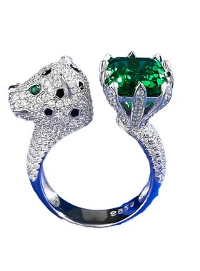 珠宝 925银戒指高碳钻豹子系列仿真祖L母绿切割8*10猎豹戒指