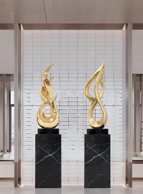玄关装饰摆件酒店大堂雕塑抽象树脂电镀工艺品雕塑大理石底座套餐