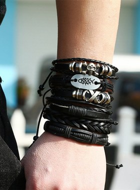 厂家直销编织套装牛皮手链跨境一件代发复古欧美男士X真皮手链饰