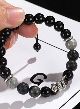 本命年蛇年串珠玛瑙情侣手链女原创设计白松石黑闪U石手串首饰