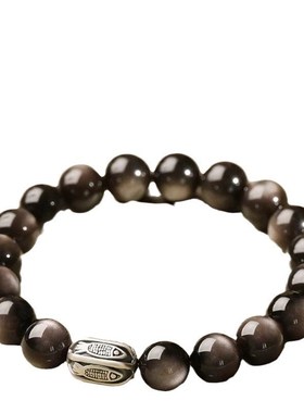 天然黑曜石手串女银曜石好运锦鲤转运H珠情侣手链本命年佛珠男礼