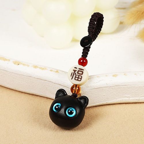 黑檀木猫咪汽车钥匙扣挂件男女创意手N机吊坠绳书包挂饰链 - 图0