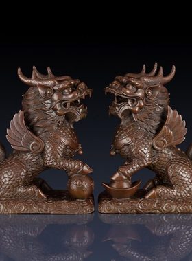 纯黄铜麒麟摆件一对麒麟中式家居饰品客厅摆件办公室招财麒麟摆件