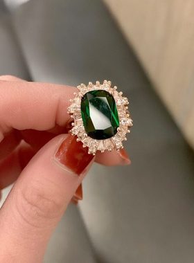 复古奢华满钻祖母绿宝石戒指欧美气质个性夸张开口可调节食指指环