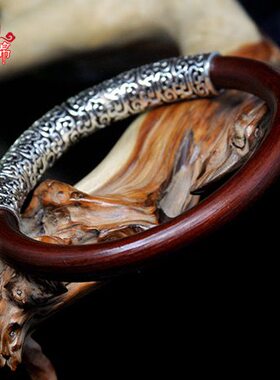 S925纯银祥云款野生西藏山南无节鸡血藤手镯开口女民族风首饰配饰