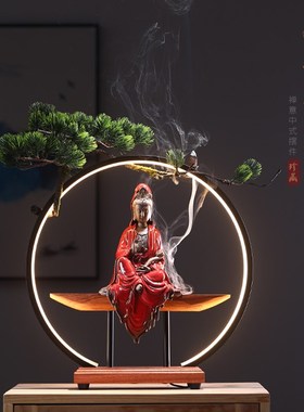 创意灯圈观世音菩萨佛像陶瓷摆件家用客厅玄关Q供奉倒流香炉装饰