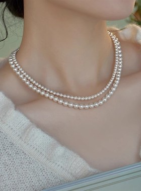 不锈钢元宝扣玻璃珍珠q项链女轻奢小众设计感简约锁骨链颈链女