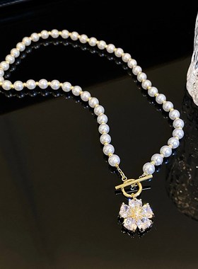 韩版时尚小清新锆石高亮项链珍珠颈链女气质M甜美风花朵OT扣锁骨