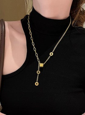 仙气钛钢18K金色m小蛮腰项链女 高级设计感百搭轻奢流苏字母锁骨